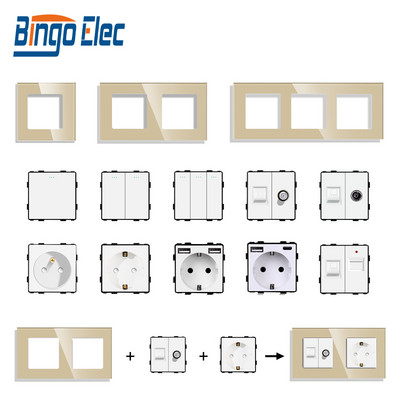 Bingoelec Biely, čierny, sivý, zlatý, sklenený panel, nástenný vypínač, EÚ, francúzsky, Spojené kráľovstvo, napájacia zásuvka, USB typu C, TV, RJ45 modul, DIY