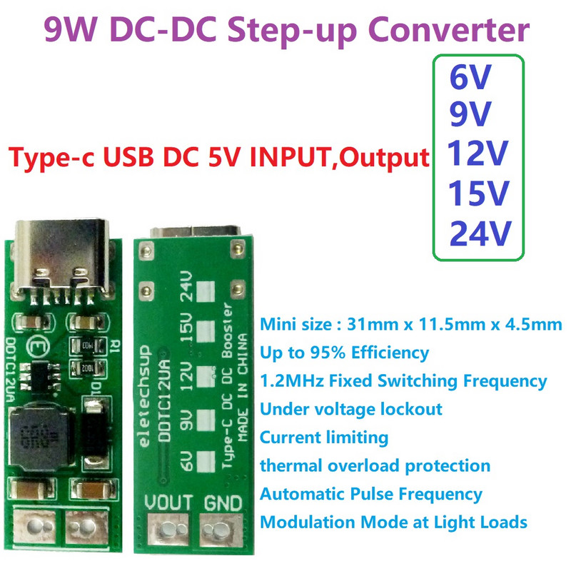 9W mini Type-C USB DC 5V la 6V 9V 12V 15V 24V DC DC Boost Step-up Converter PWM PFM Modul de reglare de tensiune