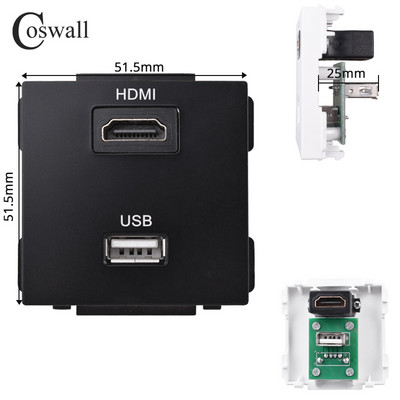 COSWALL L1 sorozat függőleges fekete szálcsiszolt alumínium panel fali kapcsoló EU francia aljzat HDMI-kompatibilis USB TV RJ45 modulok barkácsolás