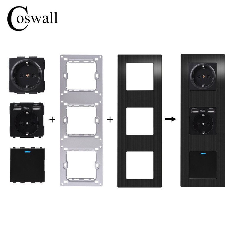 COSWALL L1 sorozat függőleges fekete szálcsiszolt alumínium panel fali kapcsoló EU francia aljzat HDMI-kompatibilis USB TV RJ45 modulok barkácsolás