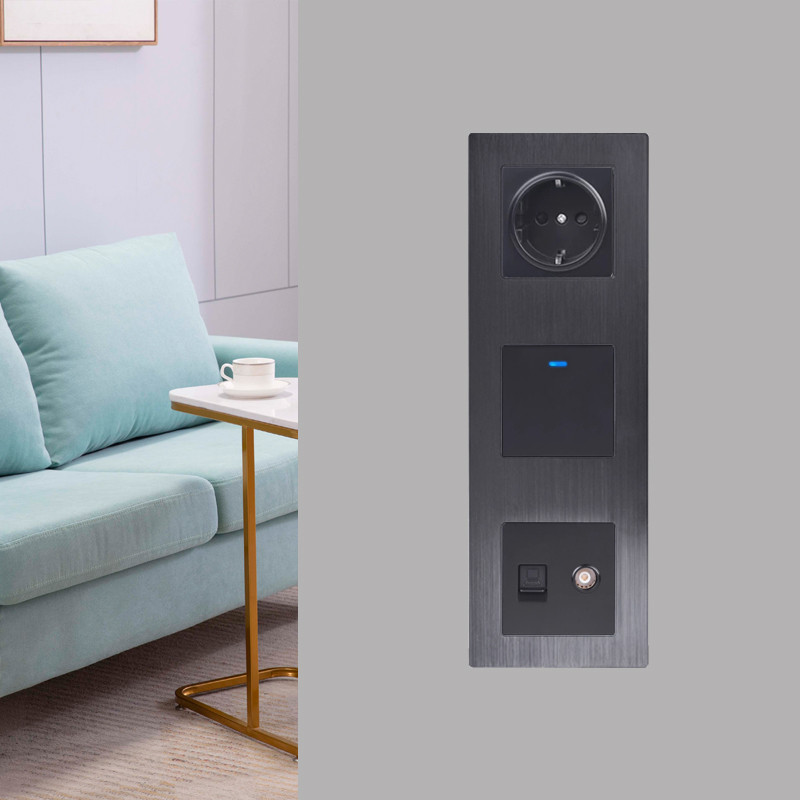 COSWALL L1 sorozat függőleges fekete szálcsiszolt alumínium panel fali kapcsoló EU francia aljzat HDMI-kompatibilis USB TV RJ45 modulok barkácsolás