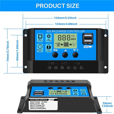 Соларен контролер 30A 20A 10A Соларен регулатор 12V/24V PWM зарядно устройство за батерии Автоматичен LCD соларен регулатор с двоен USB 5V изход