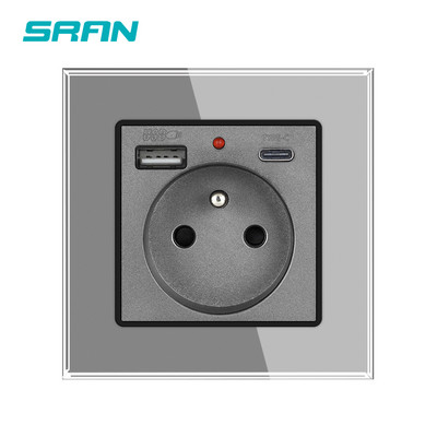 SRAN Prantsuse usb seinakontakt 5V 2.1A, kristallkarastatud klaaspaneel 16A 220V 82*82mm Elektriline pistikupesa Prantsusmaa standard kaanega