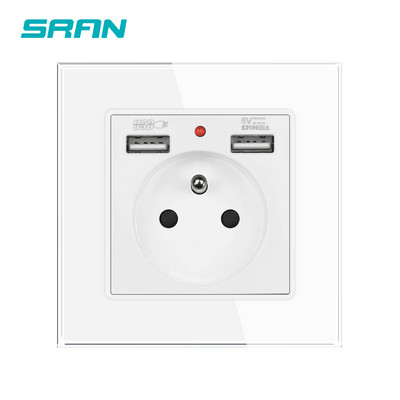 SRAN Prantsuse usb seinakontakt 5V 2.1A, kristallkarastatud klaaspaneel 16A 220V 82*82mm Elektriline pistikupesa Prantsusmaa standard kaanega