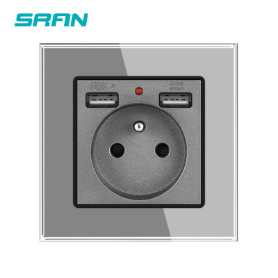 SRAN Prantsuse usb seinakontakt 5V 2.1A, kristallkarastatud klaaspaneel 16A 220V 82*82mm Elektriline pistikupesa Prantsusmaa standard kaanega