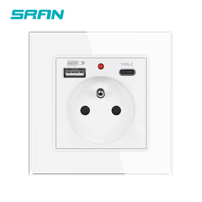 SRAN Prantsuse usb seinakontakt 5V 2.1A, kristallkarastatud klaaspaneel 16A 220V 82*82mm Elektriline pistikupesa Prantsusmaa standard kaanega