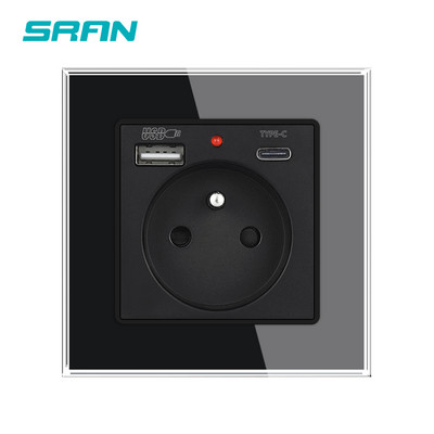 SRAN Prantsuse usb seinakontakt 5V 2.1A, kristallkarastatud klaaspaneel 16A 220V 82*82mm Elektriline pistikupesa Prantsusmaa standard kaanega