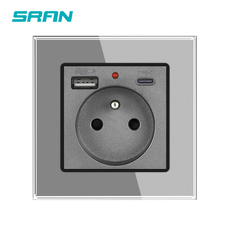 SRAN Prantsuse usb seinakontakt 5V 2.1A, kristallkarastatud klaaspaneel 16A 220V 82*82mm Elektriline pistikupesa Prantsusmaa standard kaanega