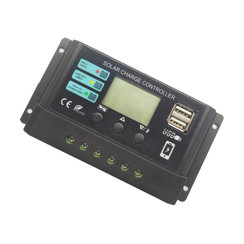 10A/20A/30A saules paneļa bateriju regulators divu USB portu saules paneļa uzlādes kontrolieris plastmasa litija dzelzs fosfāta akumulatoram
