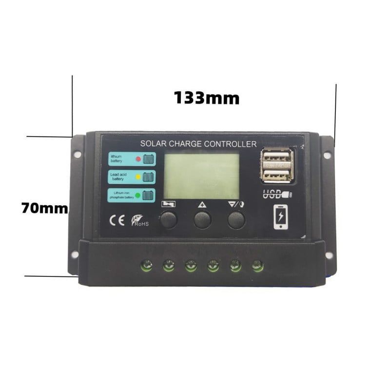 10A/20A/30A saules paneļa bateriju regulators divu USB portu saules paneļa uzlādes kontrolieris plastmasa litija dzelzs fosfāta akumulatoram