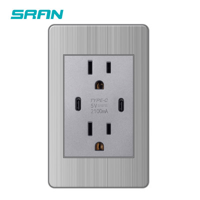 SRAN 15A Priză Usb C standard american Panou din oțel inoxidabil 118*72mm Priză SUA/Thailanda Întrerupător 2 căi Negru/Gri