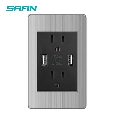 SRAN 15A Priză Usb C standard american Panou din oțel inoxidabil 118*72mm Priză SUA/Thailanda Întrerupător 2 căi Negru/Gri
