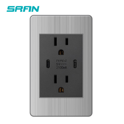SRAN 15A Priză Usb C standard american Panou din oțel inoxidabil 118*72mm Priză SUA/Thailanda Întrerupător 2 căi Negru/Gri
