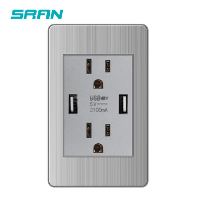 SRAN 15A Priză Usb C standard american Panou din oțel inoxidabil 118*72mm Priză SUA/Thailanda Întrerupător 2 căi Negru/Gri