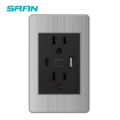 SRAN 15A Priză Usb C standard american Panou din oțel inoxidabil 118*72mm Priză SUA/Thailanda Întrerupător 2 căi Negru/Gri