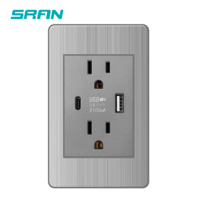 SRAN 15A Priză Usb C standard american Panou din oțel inoxidabil 118*72mm Priză SUA/Thailanda Întrerupător 2 căi Negru/Gri