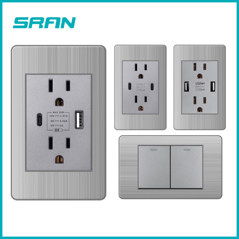 SRAN 15A Priză Usb C standard american Panou din oțel inoxidabil 118*72mm Priză SUA/Thailanda Întrerupător 2 căi Negru/Gri