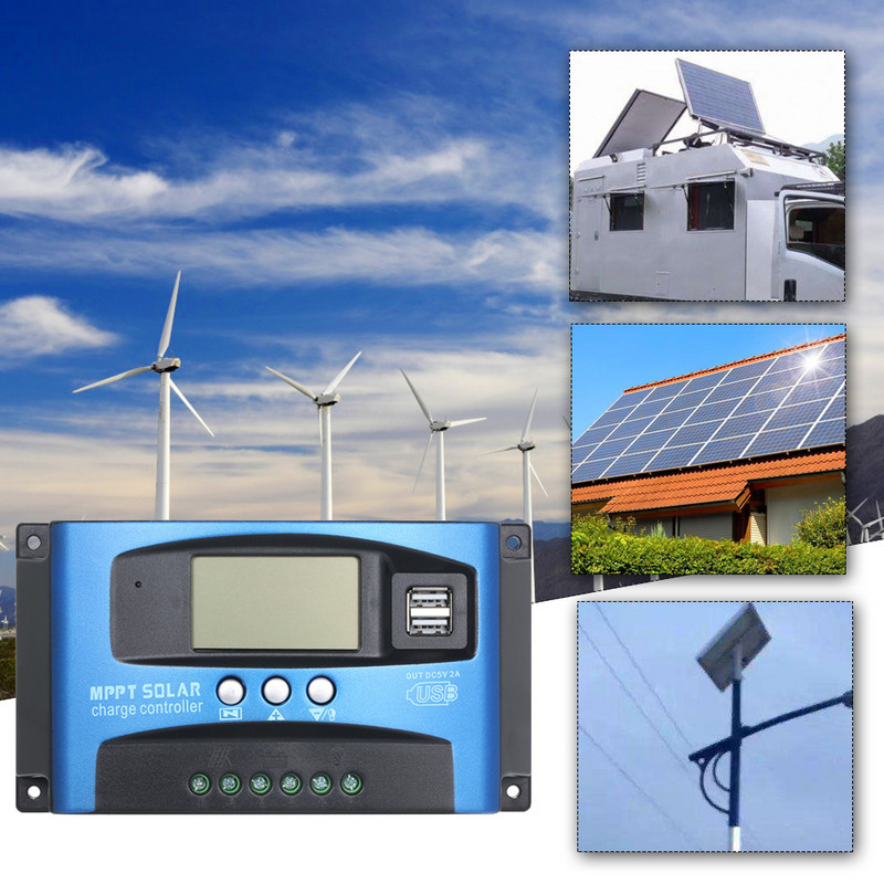 30/ 40A/50/60/100A MPPT saules enerģijas uzlādes kontrolieris Dual USB LCD displejs automātiskais saules bateriju paneļa lādētāja regulators