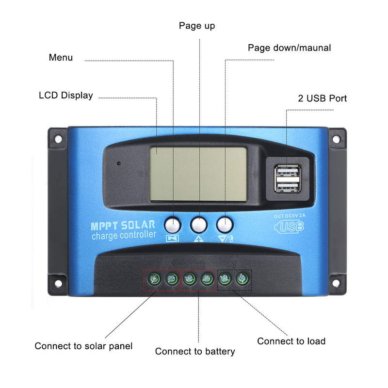 30/ 40A/50/60/100A MPPT saules enerģijas uzlādes kontrolieris Dual USB LCD displejs automātiskais saules bateriju paneļa lādētāja regulators