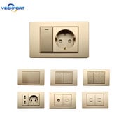 Panou ignifug pentru uz casnic, standard german, din UE, 118 mm, PC auriu, 16A, priză de alimentare cu 2 găuri, cu combinație de comutatoare