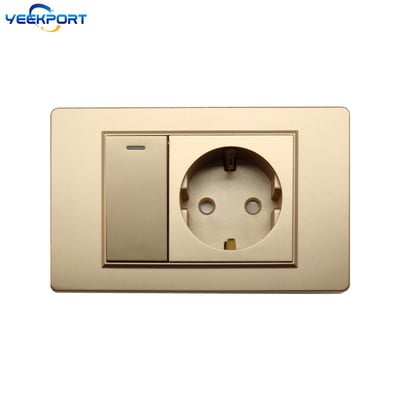 Panou ignifug pentru uz casnic, standard german, din UE, 118 mm, PC auriu, 16A, priză de alimentare cu 2 găuri, cu combinație de comutatoare