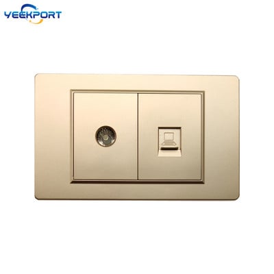 Panou ignifug pentru uz casnic, standard german, din UE, 118 mm, PC auriu, 16A, priză de alimentare cu 2 găuri, cu combinație de comutatoare