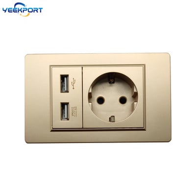Panou ignifug pentru uz casnic, standard german, din UE, 118 mm, PC auriu, 16A, priză de alimentare cu 2 găuri, cu combinație de comutatoare