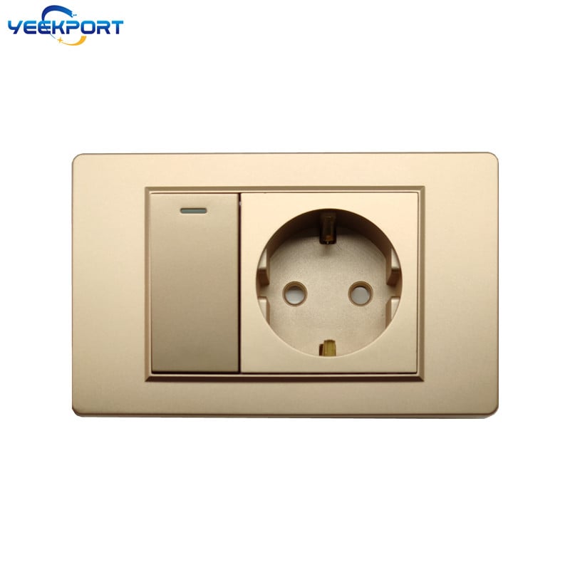 Panou ignifug pentru uz casnic, standard german, din UE, 118 mm, PC auriu, 16A, priză de alimentare cu 2 găuri, cu combinație de comutatoare