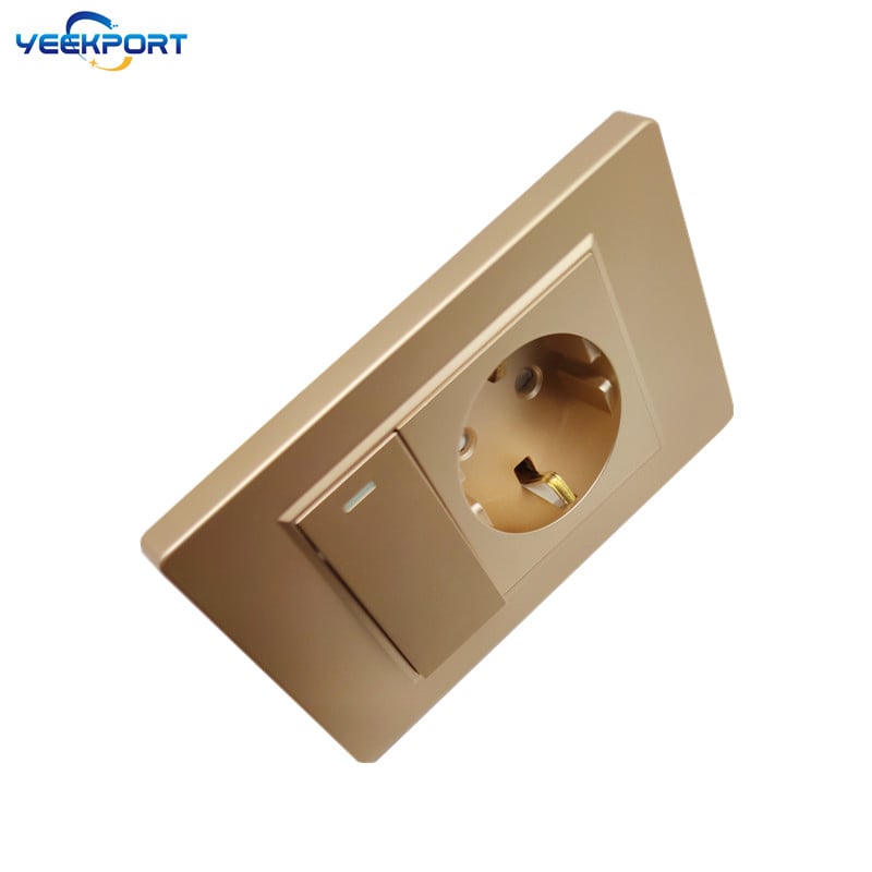 Panou ignifug pentru uz casnic, standard german, din UE, 118 mm, PC auriu, 16A, priză de alimentare cu 2 găuri, cu combinație de comutatoare