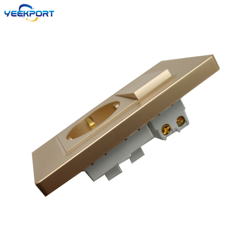 Panou ignifug pentru uz casnic, standard german, din UE, 118 mm, PC auriu, 16A, priză de alimentare cu 2 găuri, cu combinație de comutatoare