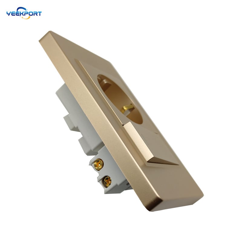 Panou ignifug pentru uz casnic, standard german, din UE, 118 mm, PC auriu, 16A, priză de alimentare cu 2 găuri, cu combinație de comutatoare