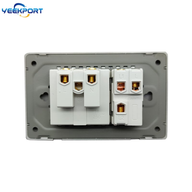 Panou ignifug pentru uz casnic, standard german, din UE, 118 mm, PC auriu, 16A, priză de alimentare cu 2 găuri, cu combinație de comutatoare