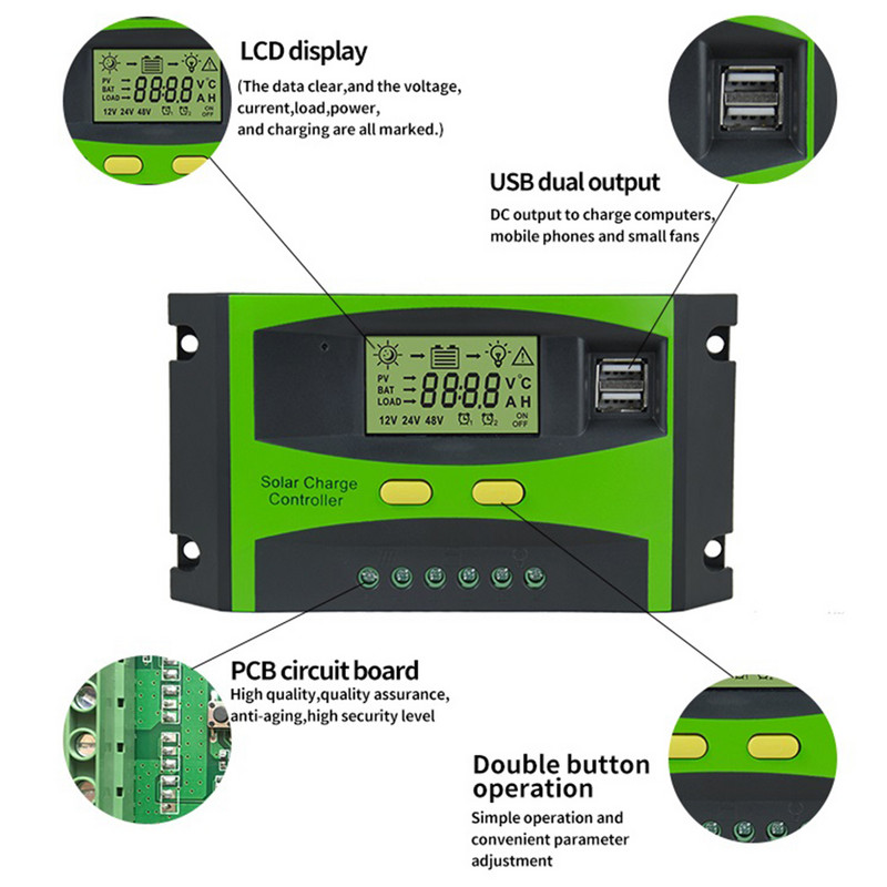 Regulator de încărcare solar 20A 30A Regulator inteligent multifuncțional cu port USB dublu și afișaj LCD PWM Controler 12V/24V