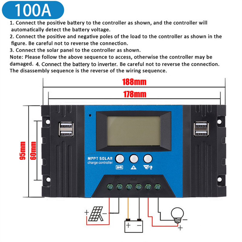 MPPT päikeseenergia laadimise kontroller 30/40/50/60/100A 12V/24V reguleeritav LCD-ekraan koos USB-pordiga päikesepaneeli aku laadimise regulaatoriga