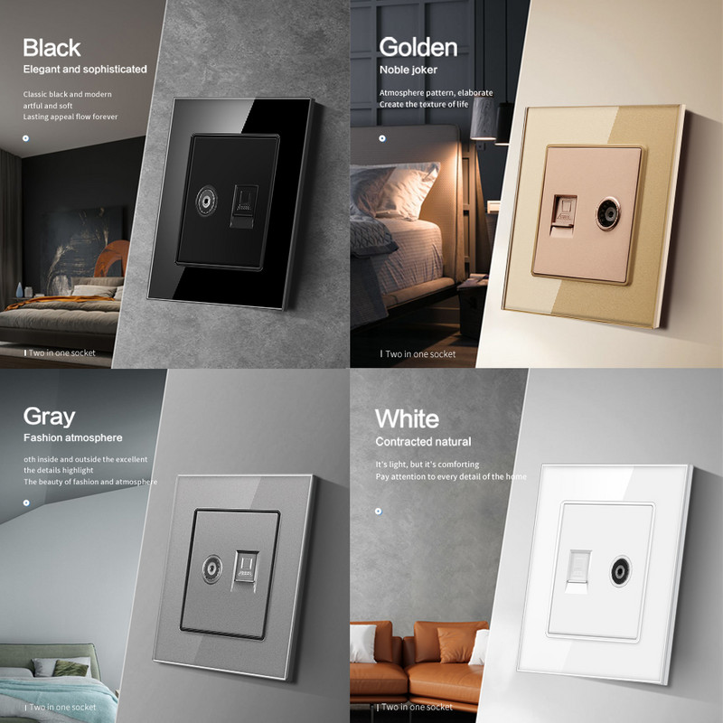 Internets Tel Outlet Siena Mājas ligzda RJ45/RJ11/TV Eu Standarta rūdīta stikla panelis Vājas strāvas signāla savienojums Bērnu aizsarglīdzeklis