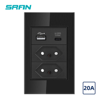 Priză SRAN tip C USB BR Port de încărcare rapidă 20W, panou din sticlă securizată 118*72mm, priză standard Brazilia 10A 20A