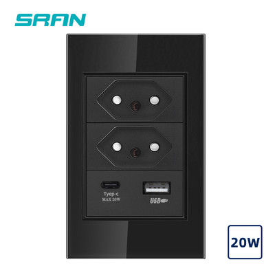 Priză SRAN tip C USB BR Port de încărcare rapidă 20W, panou din sticlă securizată 118*72mm, priză standard Brazilia 10A 20A