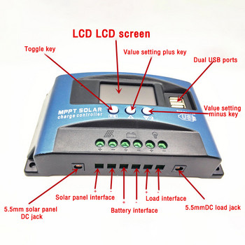30/40/50/60A Ελεγκτής ηλιακής φόρτισης MPPT Διπλή οθόνη USB LCD DC 12V 24V Ρυθμιστής φορτιστή πάνελ αυτόματης ηλιακής κυψέλης με φορτίο