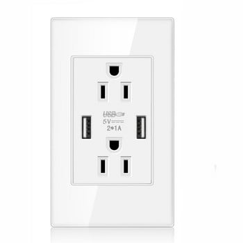 Shawader US Wall Duplex Plug Socket Electrical Outlet 2.1A Dual Power Adapter USB Tempered Glass American Canada Mexico Japan