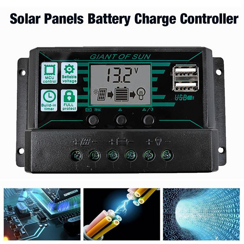 MPPT/PWM solárny regulátor nabíjania 12V 24V solárny panel, regulátor batérie, 2 USB porty, LCD displej, 10A 20A 30A 40A 50A 60A 100A