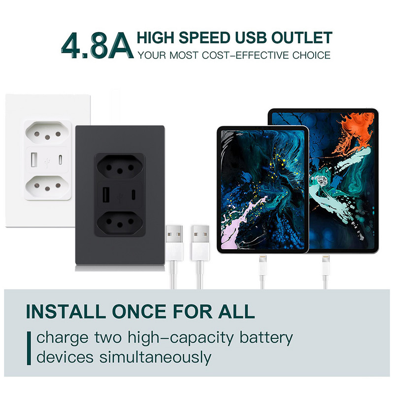 Brazil USB TYPE-C zásuvka 4,8A nabíjačka Brasil Outlet Tomada Brazilian Plug Parede Entradas Carregador Dispositivo Home Office