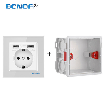 USB aljzat fali Eu dugaszolóaljzatok dupla USB 2100mA edzett kristályüveg panel kimenettel AC100-250V elektromos tápcsatlakozóval