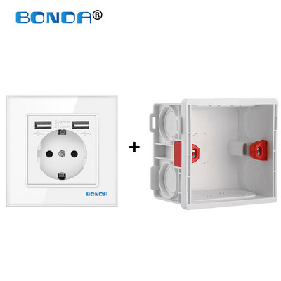 USB aljzat fali Eu dugaszolóaljzatok dupla USB 2100mA edzett kristályüveg panel kimenettel AC100-250V elektromos tápcsatlakozóval