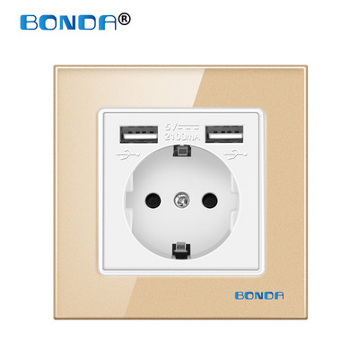 USB aljzat fali Eu dugaszolóaljzatok dupla USB 2100mA edzett kristályüveg panel kimenettel AC100-250V elektromos tápcsatlakozóval