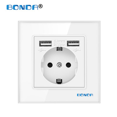 USB aljzat fali Eu dugaszolóaljzatok dupla USB 2100mA edzett kristályüveg panel kimenettel AC100-250V elektromos tápcsatlakozóval