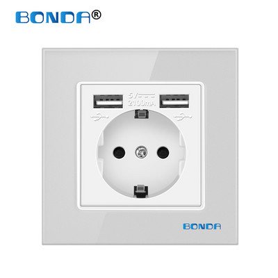 USB aljzat fali Eu dugaszolóaljzatok dupla USB 2100mA edzett kristályüveg panel kimenettel AC100-250V elektromos tápcsatlakozóval