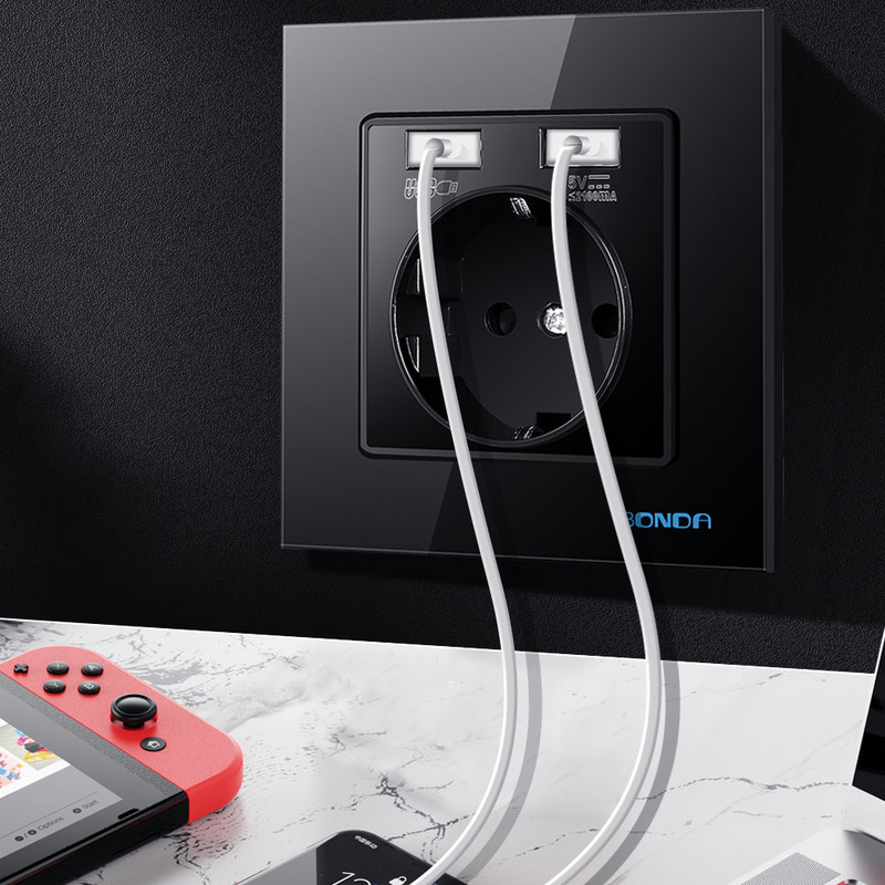 USB aljzat fali Eu dugaszolóaljzatok dupla USB 2100mA edzett kristályüveg panel kimenettel AC100-250V elektromos tápcsatlakozóval