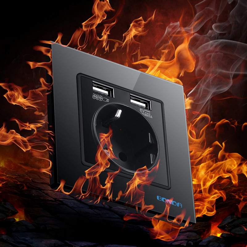 USB aljzat fali Eu dugaszolóaljzatok dupla USB 2100mA edzett kristályüveg panel kimenettel AC100-250V elektromos tápcsatlakozóval