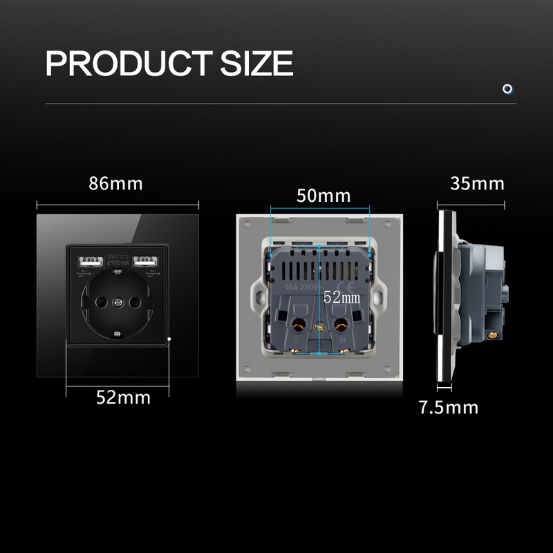 USB aljzat fali Eu dugaszolóaljzatok dupla USB 2100mA edzett kristályüveg panel kimenettel AC100-250V elektromos tápcsatlakozóval