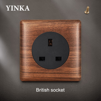 YINKA Wood Brass Toggle Light Switch Panel Home Retro LED Indicator EU FR UK TV TEL Electrical Sockets Vintage Sockets 86mm*86mm